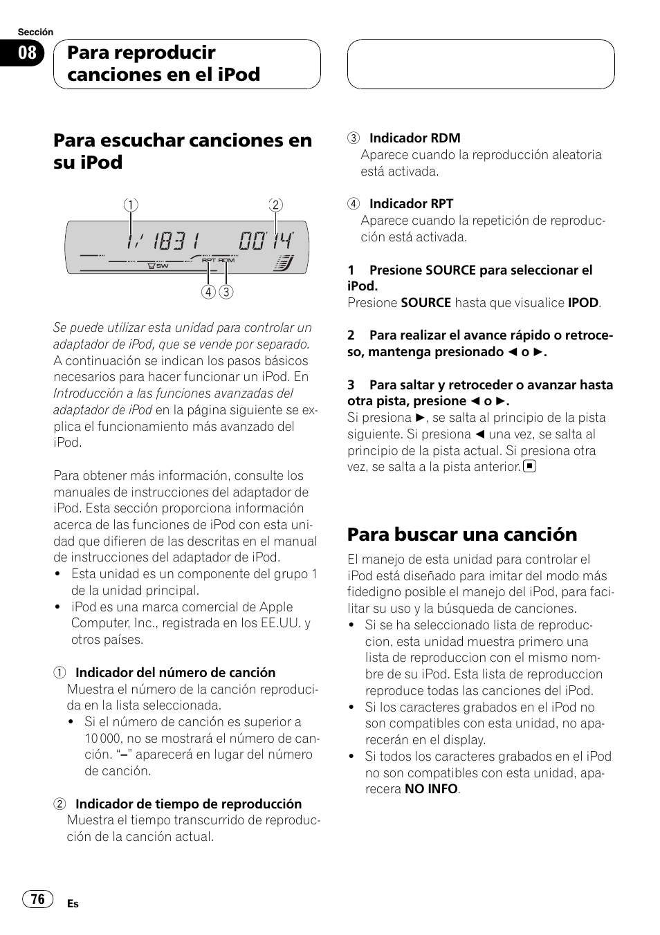 Para buscar una canción, Para escuchar canciones en su ipod, Para reproducir canciones en el ipod | Pioneer DEH-P5900MP User Manual | Page 76 / 95