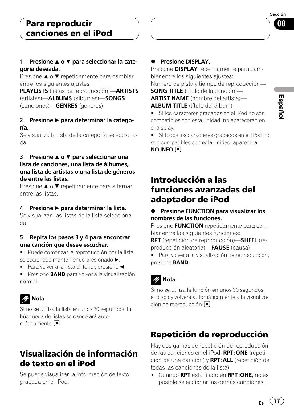 Visualización de información de texto en el, Ipod, Introducción a las funciones avanzadas del | Adaptador de ipod, Repetición de reproducción, Visualización de información de texto en el ipod, Para reproducir canciones en el ipod | Pioneer DEH-P5900MP User Manual | Page 77 / 95