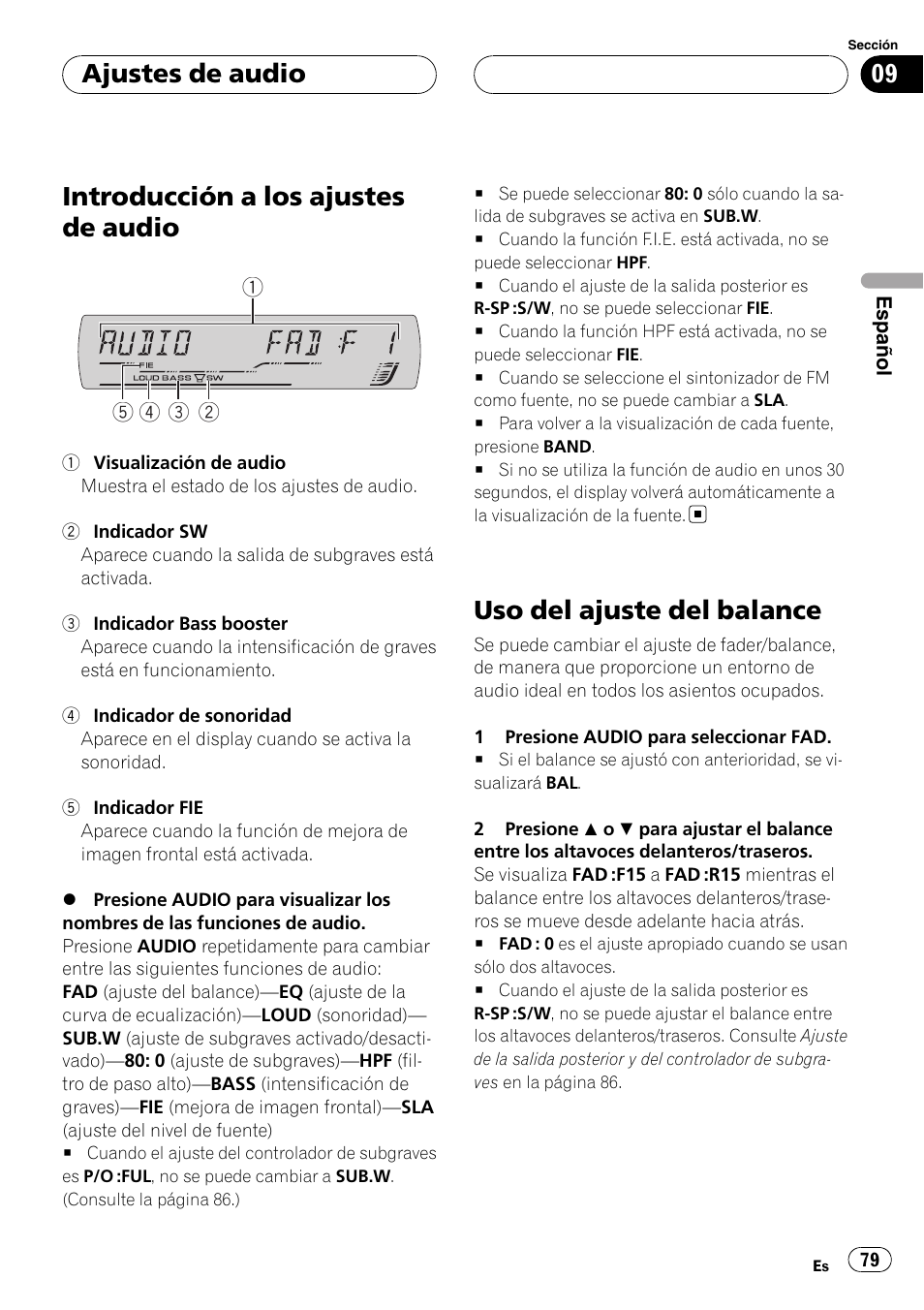 Uso del ajuste del balance, Introducción a los ajustes de audio, Ajustes de audio | Pioneer DEH-P5900MP User Manual | Page 79 / 95