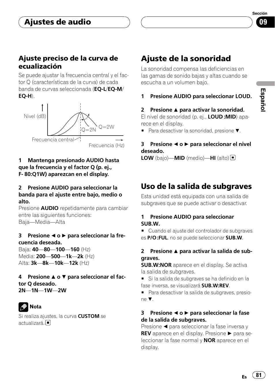 Ajuste preciso de la curva de, Ecualización, Ajuste de la sonoridad | Uso de la salida de subgraves, Ajustes de audio, Ajuste preciso de la curva de ecualización | Pioneer DEH-P5900MP User Manual | Page 81 / 95