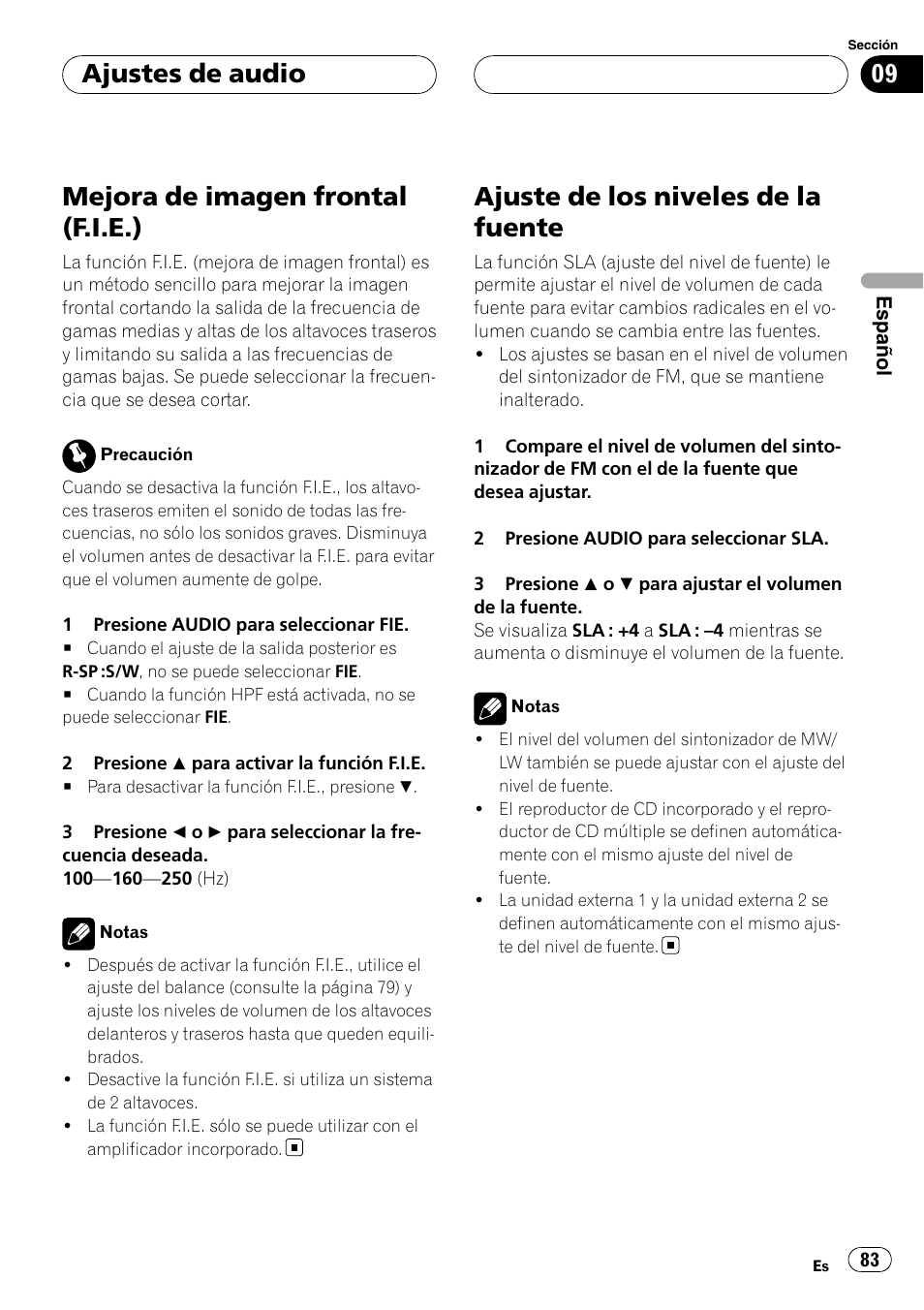 Mejora de imagen frontal (f.i.e.), Ajuste de los niveles de la fuente, Ajustes de audio | Pioneer DEH-P5900MP User Manual | Page 83 / 95