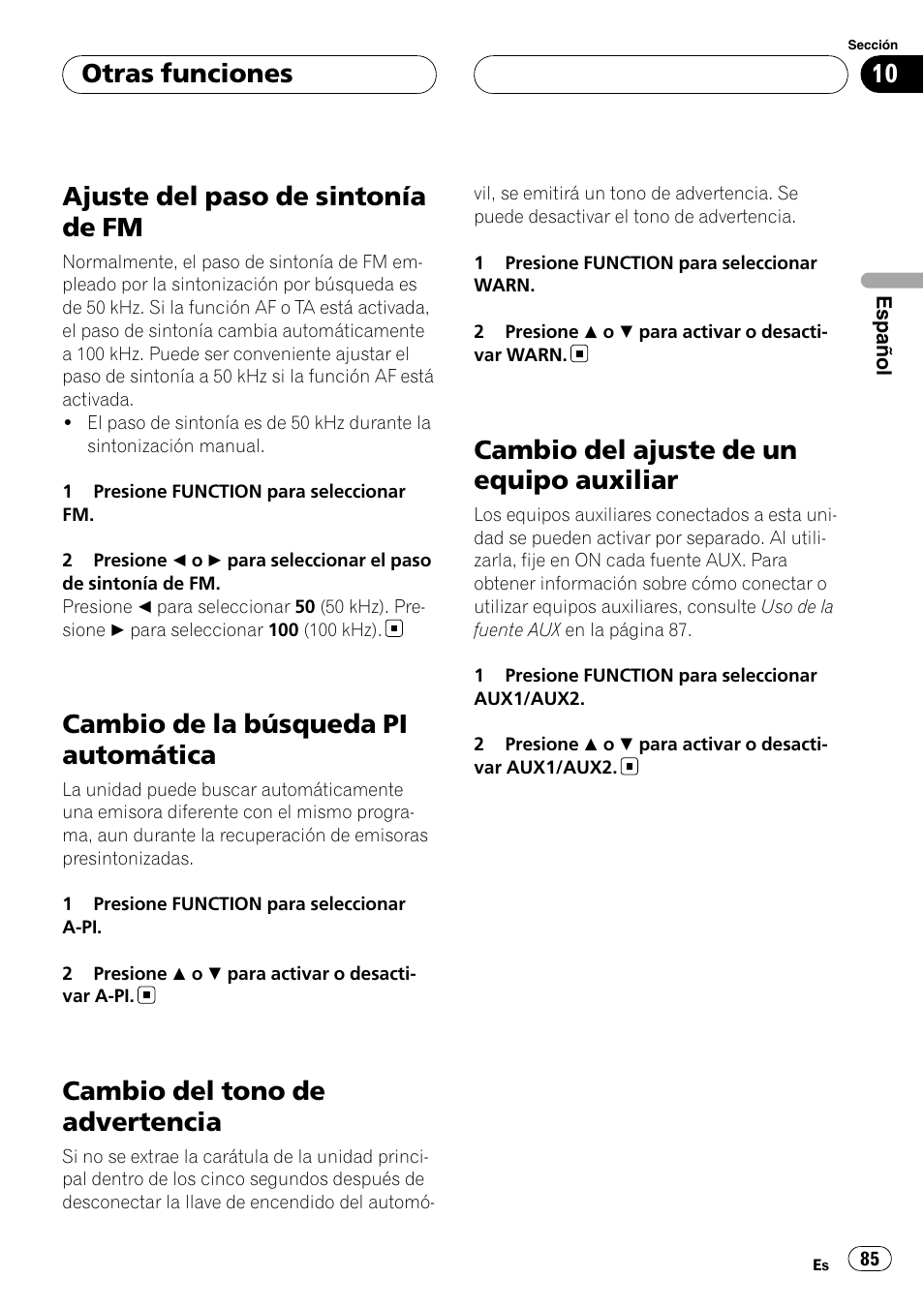 Ajuste del paso de sintonía de fm, Cambio de la búsqueda pi automática, Cambio del tono de advertencia | Cambio del ajuste de un equipo auxiliar, Otras funciones | Pioneer DEH-P5900MP User Manual | Page 85 / 95