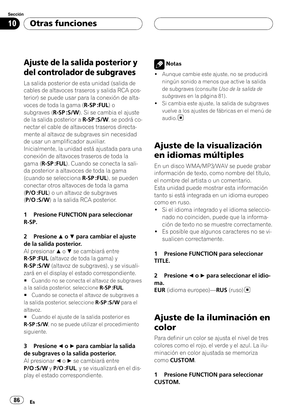 Ajuste de la salida posterior y del controlador, De subgraves, Ajuste de la visualización en idiomas | Múltiples, Ajuste de la iluminación en color, Ajuste de la visualización en idiomas múltiples, Otras funciones | Pioneer DEH-P5900MP User Manual | Page 86 / 95