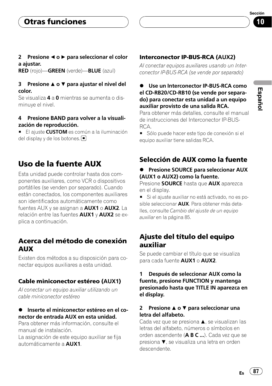 Uso de la fuente aux, Acerca del método de conexión, Selección de aux como la fuente 87 | Ajuste del título del equipo auxiliar 87, Otras funciones, Acerca del método de conexión aux, Selección de aux como la fuente, Ajuste del título del equipo auxiliar | Pioneer DEH-P5900MP User Manual | Page 87 / 95