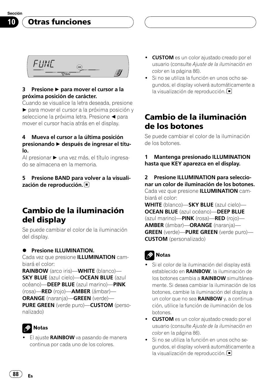 Cambio de la iluminación del display, Cambio de la iluminación de los, Botones | Cambio de la iluminación de los botones, Otras funciones | Pioneer DEH-P5900MP User Manual | Page 88 / 95