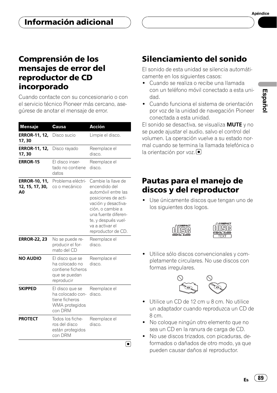 Reproductor de cd incorporado, Silenciamiento del sonido, Pautas para el manejo de discos y del | Reproductor, Pautas para el manejo de discos y del reproductor, Información adicional, Español | Pioneer DEH-P5900MP User Manual | Page 89 / 95