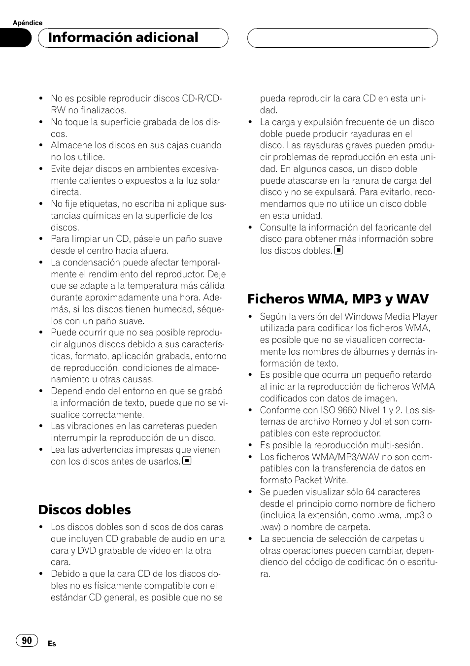 Discos dobles, Ficheros wma, mp3 y wav, Información adicional | Pioneer DEH-P5900MP User Manual | Page 90 / 95