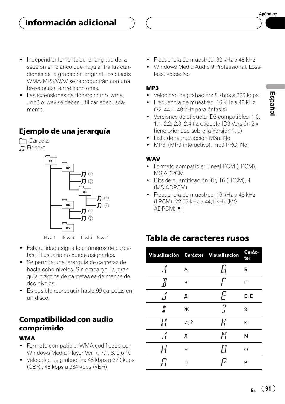 Ejemplo de una jerarquía 91, Compatibilidad con audio, Comprimido | Tabla de caracteres rusos, Información adicional, Ejemplo de una jerarquía, Compatibilidad con audio comprimido | Pioneer DEH-P5900MP User Manual | Page 91 / 95