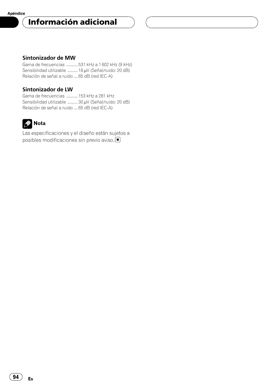 Información adicional | Pioneer DEH-P5900MP User Manual | Page 94 / 95