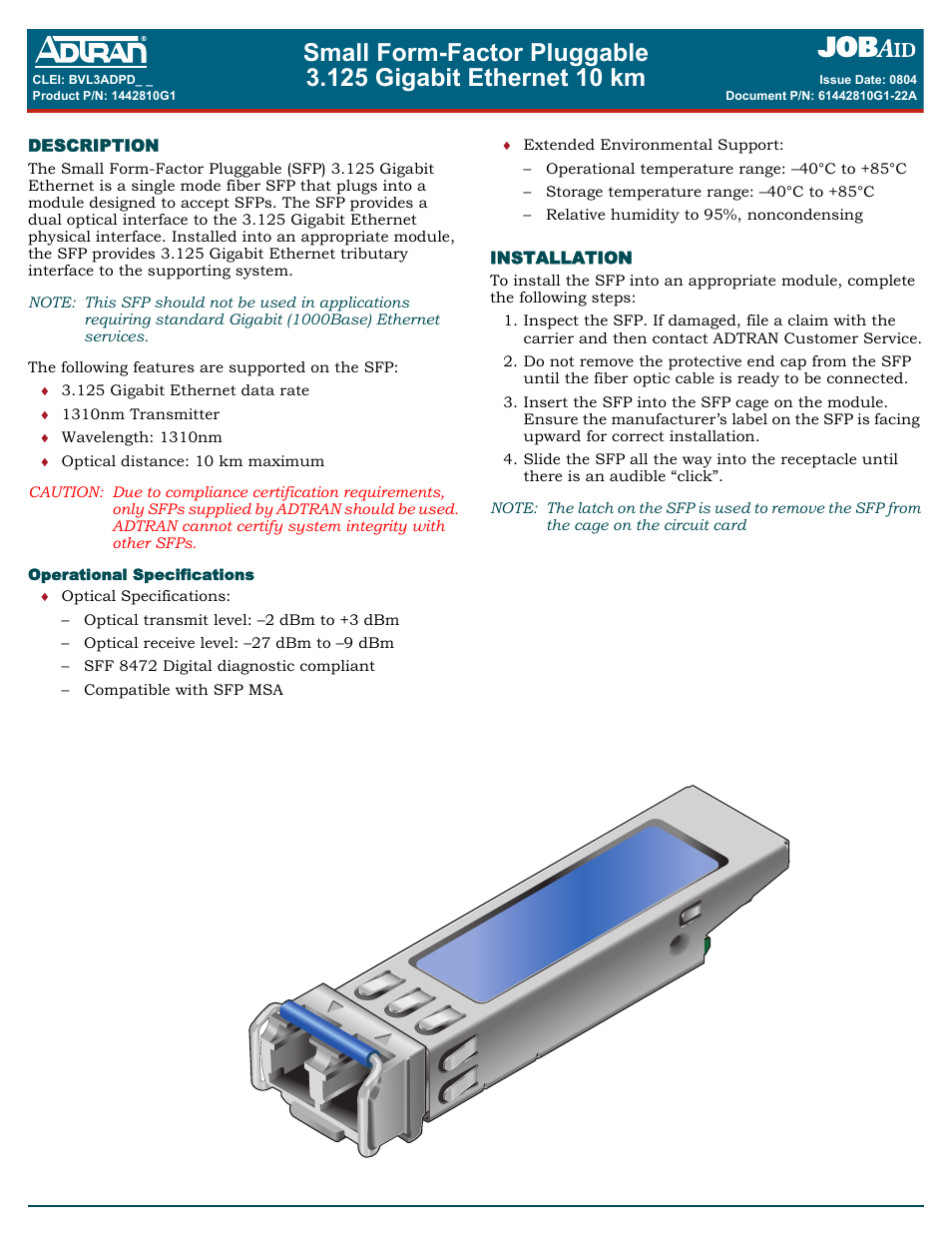 ADTRAN 3.125 Gigabit Ethernet User Manual | 2 pages