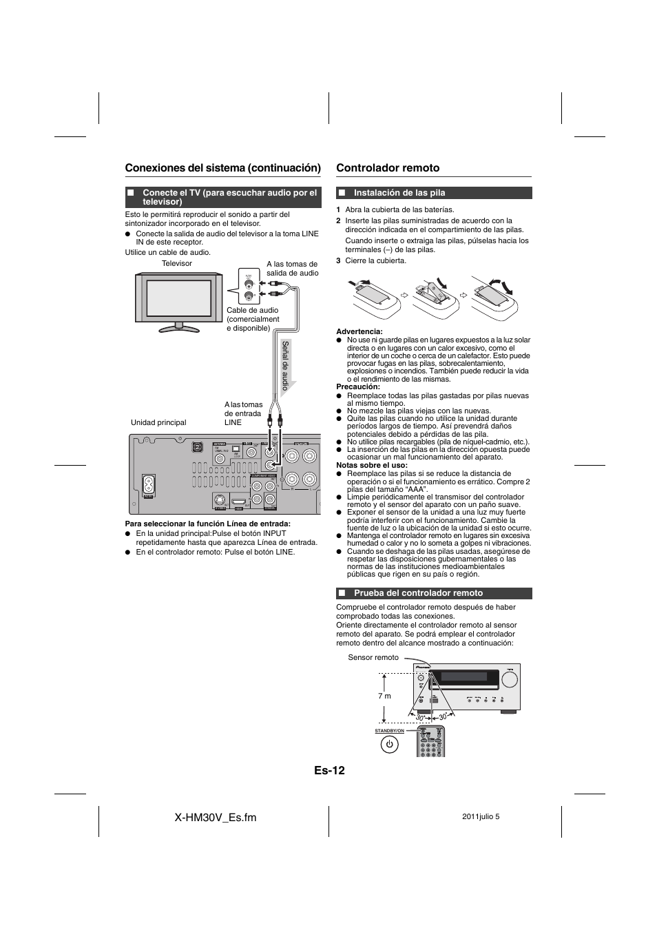 Controlador remoto, Es-12, X-hm30v_es.fm | Conexiones del sistema (continuación) | Pioneer X-HM30V-S User Manual | Page 100 / 268