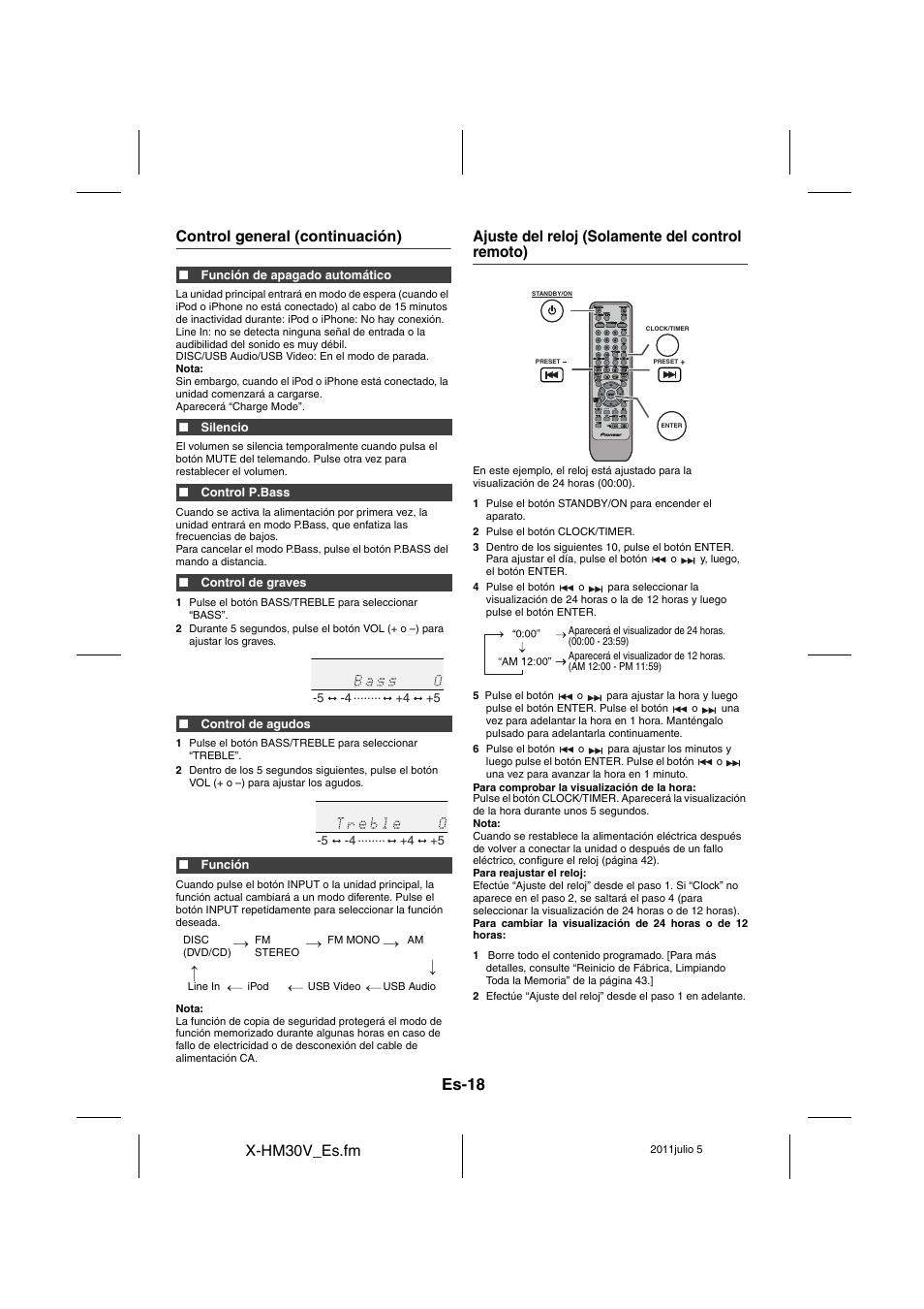 Ajuste del reloj (solamente del control remoto), Es-18 | Pioneer X-HM30V-S User Manual | Page 106 / 268