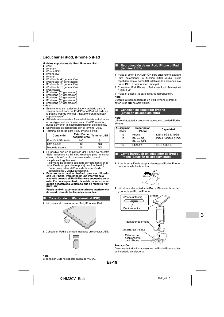 Escuchar el ipod, iphone o ipad - 21, Es-19, X-hm30v_es.fm | Escuchar el ipod, iphone o ipad | Pioneer X-HM30V-S User Manual | Page 107 / 268