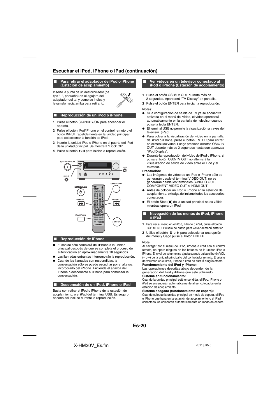 Es-20, X-hm30v_es.fm, Escuchar el ipod, iphone o ipad (continuación) | Pioneer X-HM30V-S User Manual | Page 108 / 268