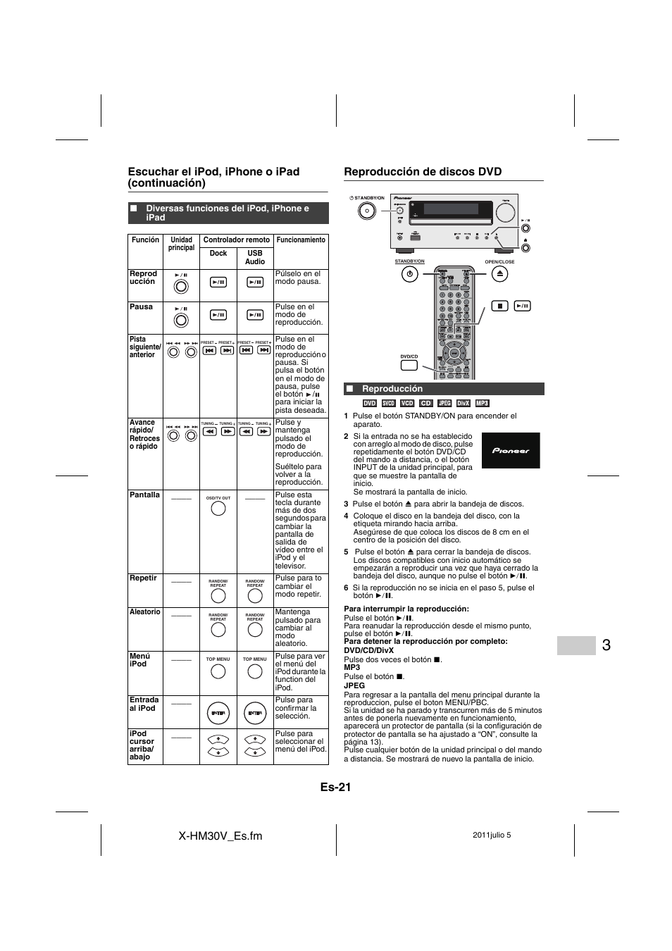 Reproducción de discos dvd - 22, Es-21, X-hm30v_es.fm | Pioneer X-HM30V-S User Manual | Page 109 / 268