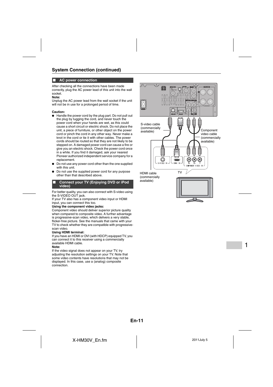En-11, X-hm30v_en.fm, System connection (continued) | Pioneer X-HM30V-S User Manual | Page 11 / 268