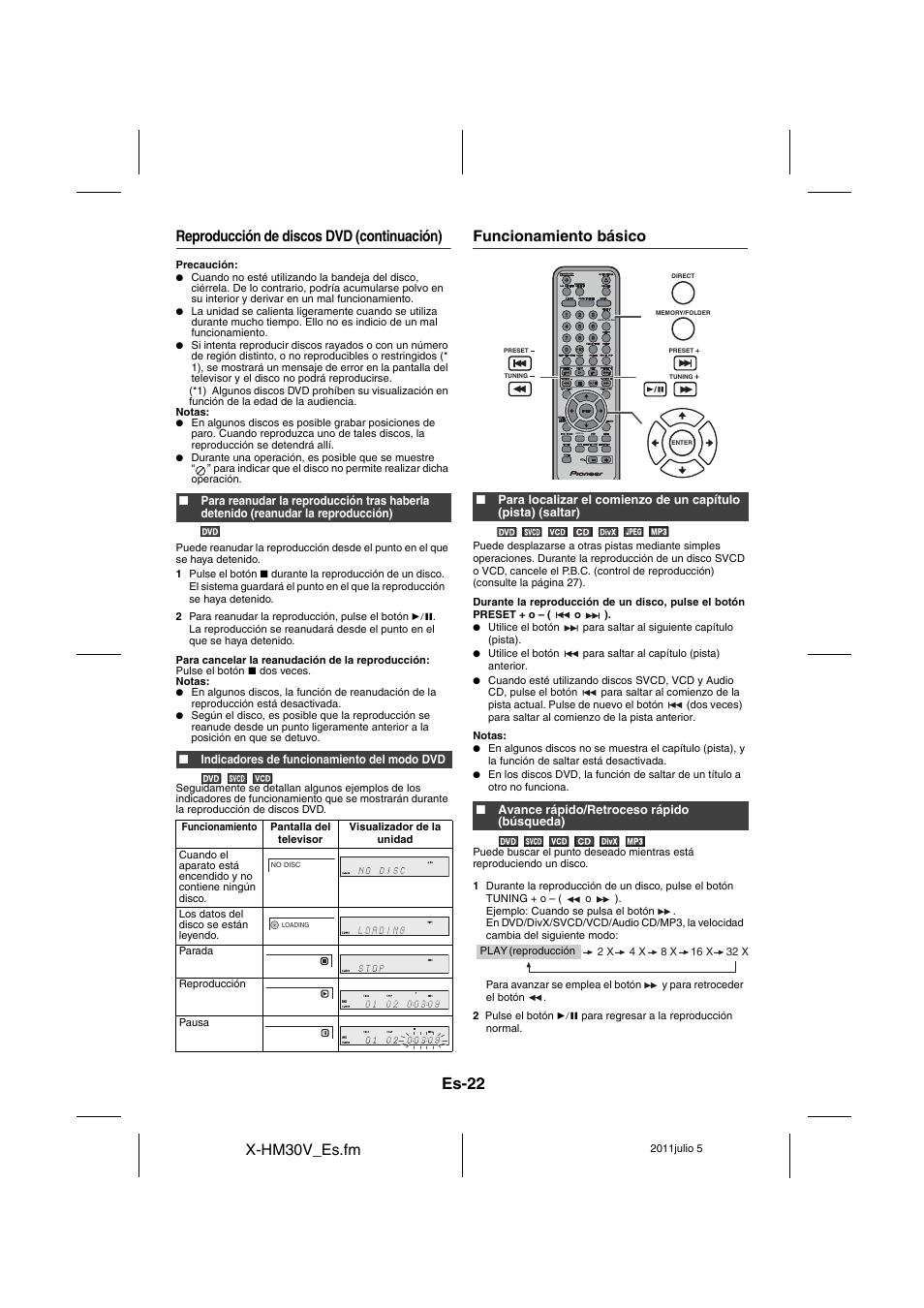 Funcionamiento básico - 23, Es-22, X-hm30v_es.fm | Reproducción de discos dvd (continuación), Funcionamiento básico | Pioneer X-HM30V-S User Manual | Page 110 / 268