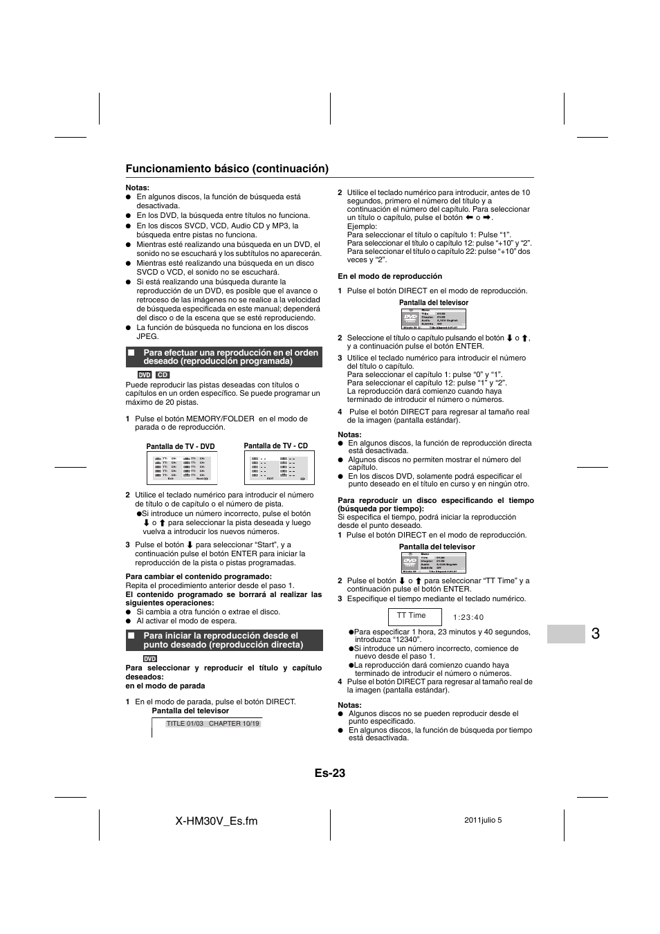 Es-23, X-hm30v_es.fm, Funcionamiento básico (continuación) | Pioneer X-HM30V-S User Manual | Page 111 / 268