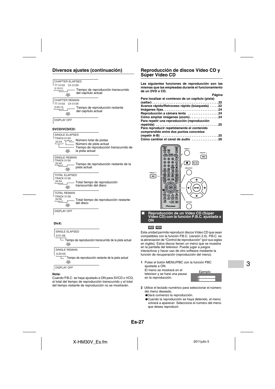 Es-27, X-hm30v_es.fm, Diversos ajustes (continuación) | Reproducción de discos vídeo cd y súper vídeo cd | Pioneer X-HM30V-S User Manual | Page 115 / 268
