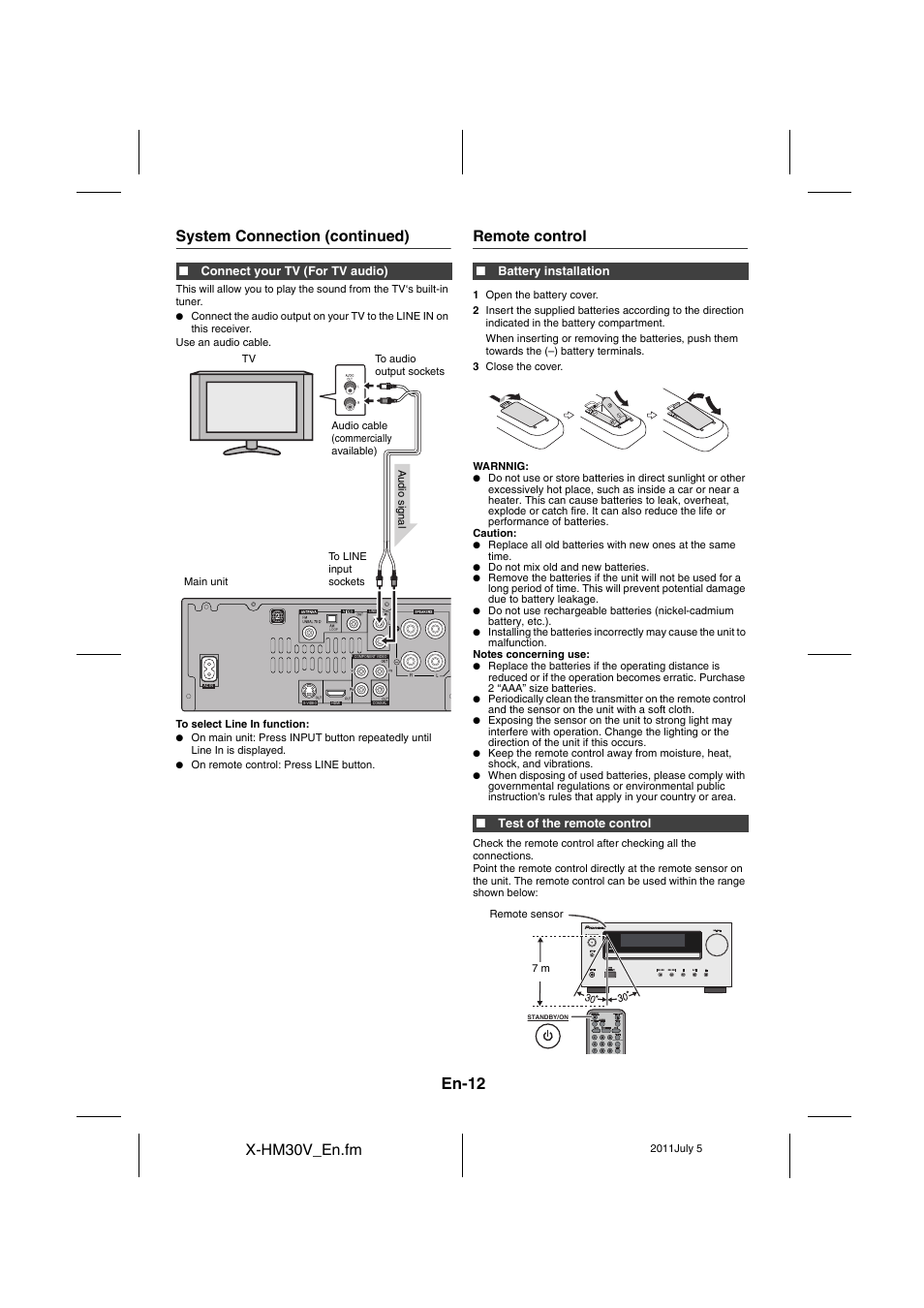 Remote control, En-12, X-hm30v_en.fm | System connection (continued) | Pioneer X-HM30V-S User Manual | Page 12 / 268