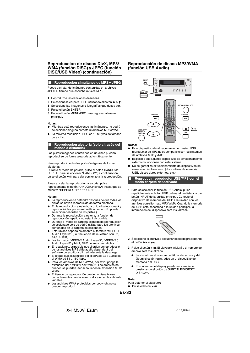 Reproducción de discos mp3/wma, Función usb audio) - 35, Es-32 | X-hm30v_es.fm, Reproducción de discos mp3/wma (función usb audio) | Pioneer X-HM30V-S User Manual | Page 120 / 268
