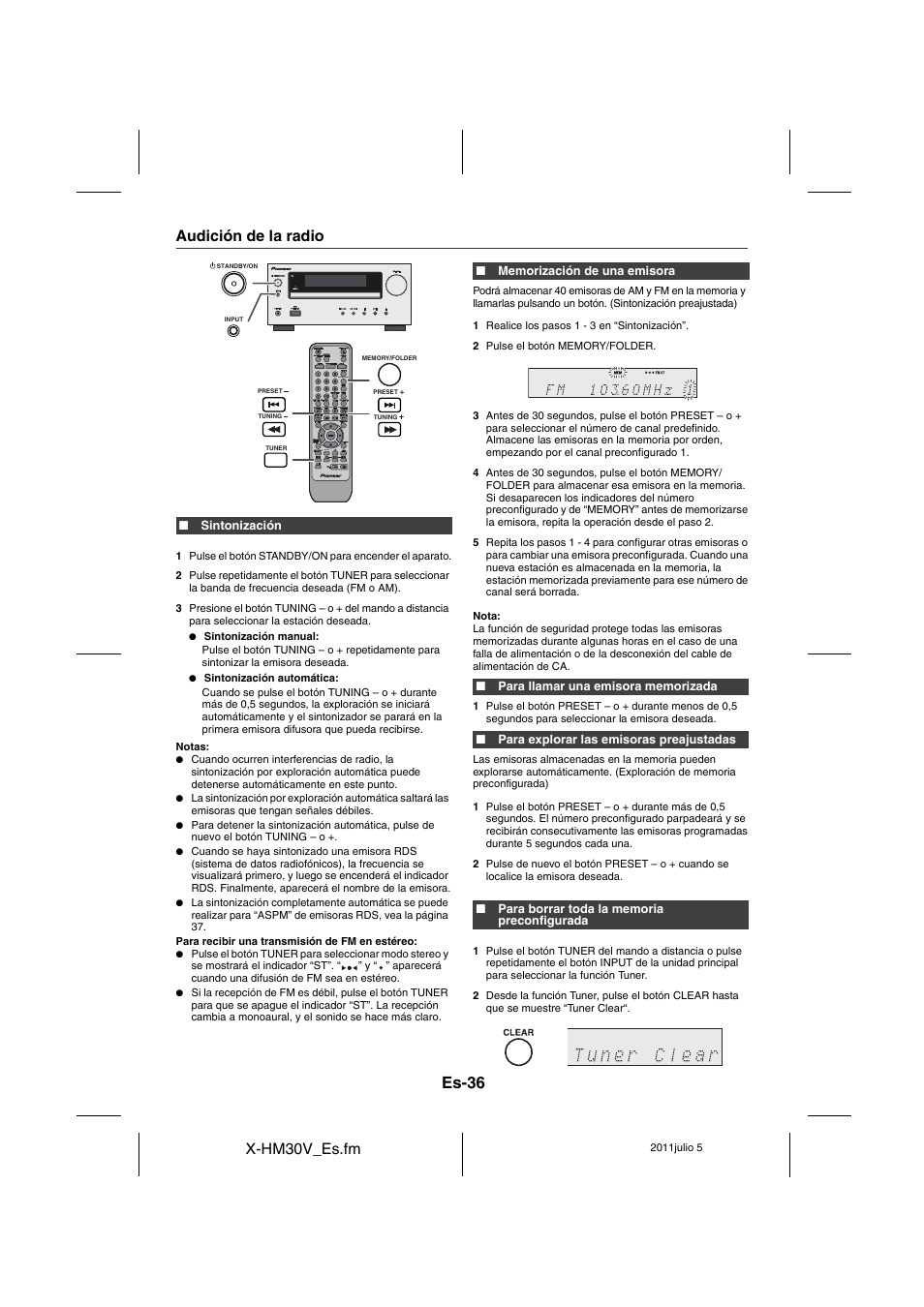 Audición de la radio, Es-36, X-hm30v_es.fm | Pioneer X-HM30V-S User Manual | Page 124 / 268