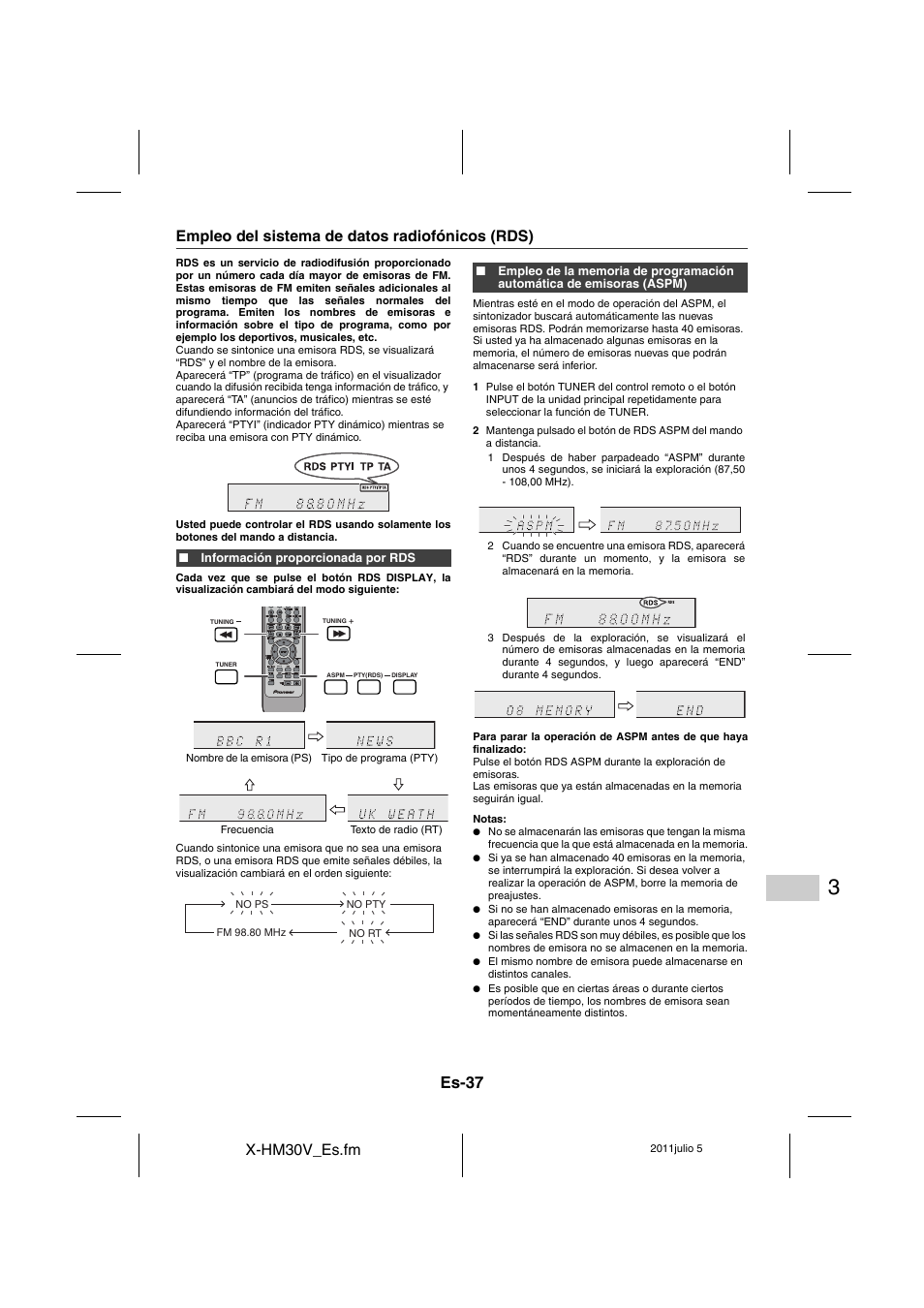 Es-37, X-hm30v_es.fm, Empleo del sistema de datos radiofónicos (rds) | Pioneer X-HM30V-S User Manual | Page 125 / 268