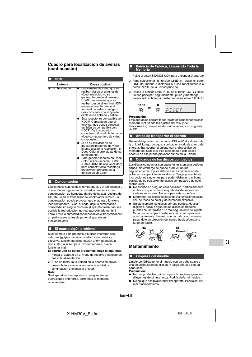 Mantenimiento, Es-43 | Pioneer X-HM30V-S User Manual | Page 131 / 268