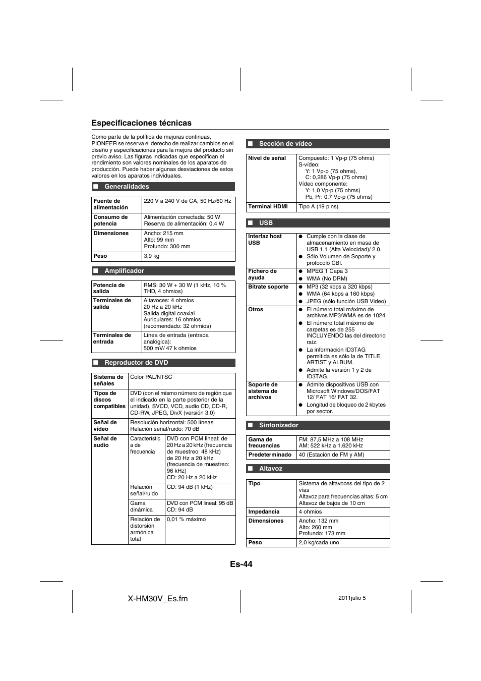 Especificaciones técnicas, Es-44, X-hm30v_es.fm | Pioneer X-HM30V-S User Manual | Page 132 / 268