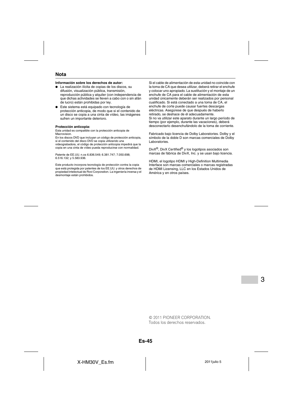 Nota | Pioneer X-HM30V-S User Manual | Page 133 / 268
