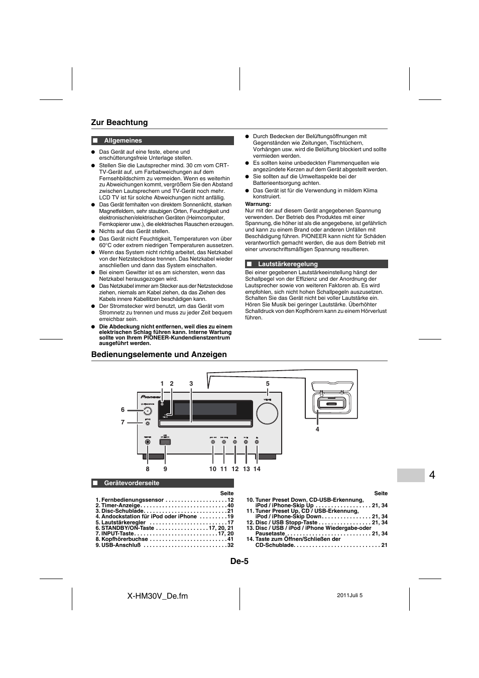 Zur beachtung, Bedienungselemente und anzeigen - 7, De-5 | Pioneer X-HM30V-S User Manual | Page 137 / 268