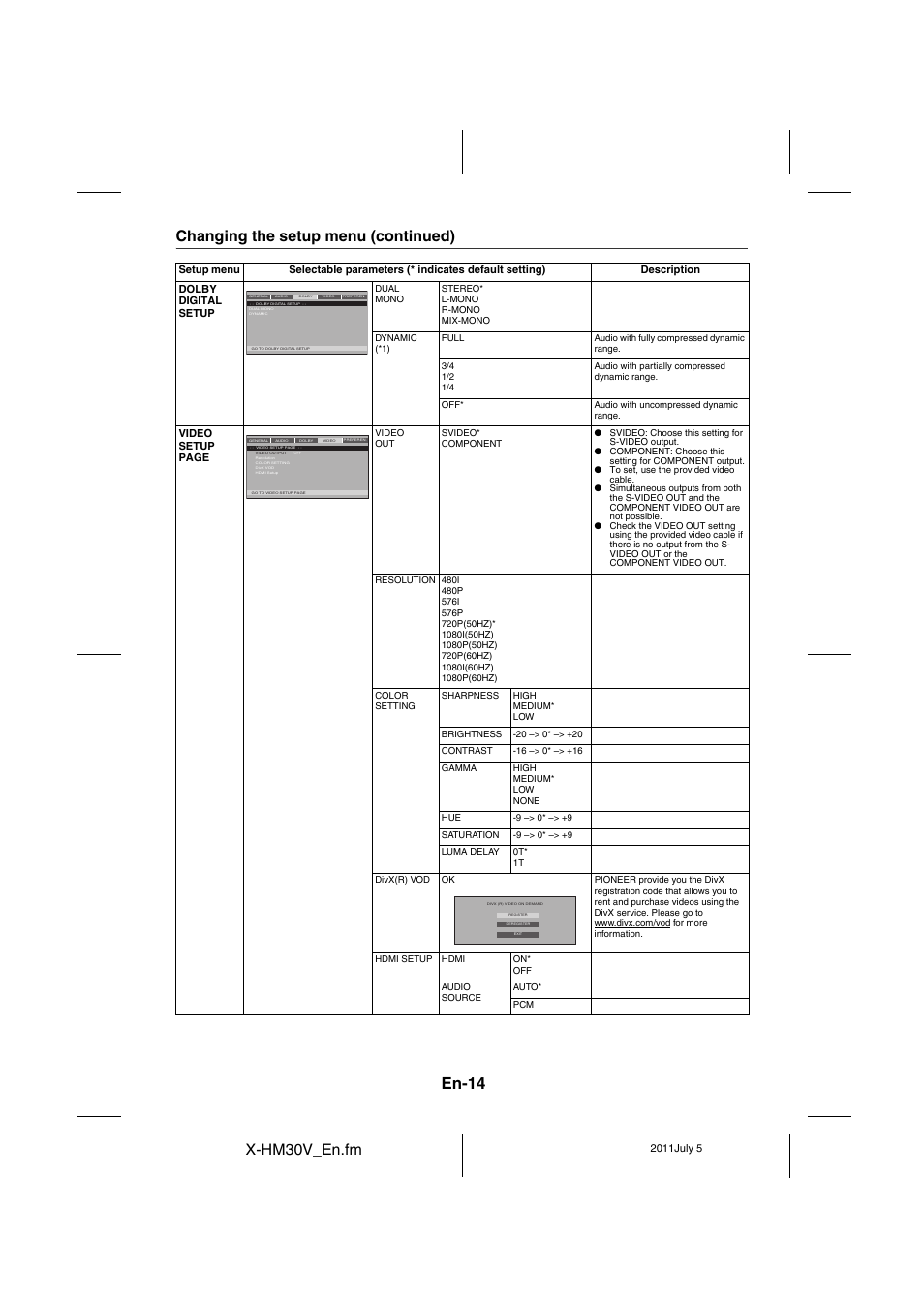 En-14, X-hm30v_en.fm, Changing the setup menu (continued) | Pioneer X-HM30V-S User Manual | Page 14 / 268