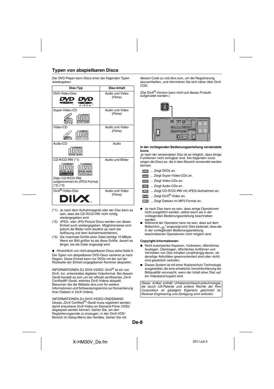 Typen von abspielbaren discs, De-8, X-hm30v_de.fm | Pioneer X-HM30V-S User Manual | Page 140 / 268