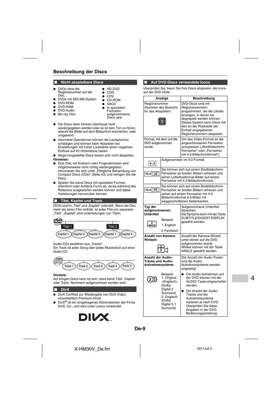 Beschreibung der discs, De-9, X-hm30v_de.fm | Pioneer X-HM30V-S User Manual | Page 141 / 268