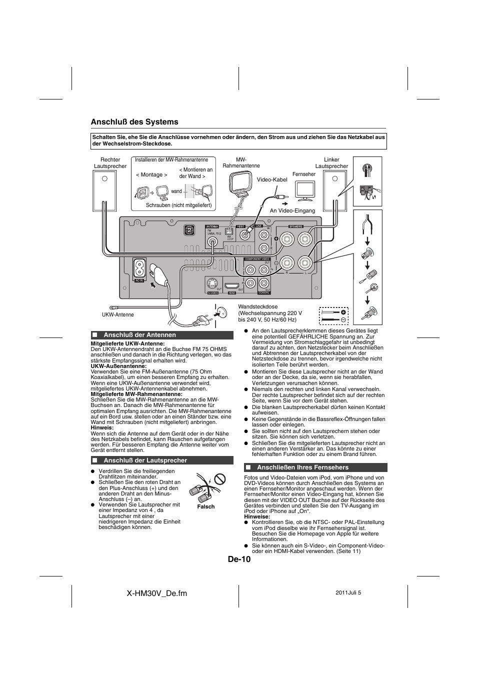 Anschluß des systems - 12, De-10, X-hm30v_de.fm | Anschluß des systems | Pioneer X-HM30V-S User Manual | Page 142 / 268