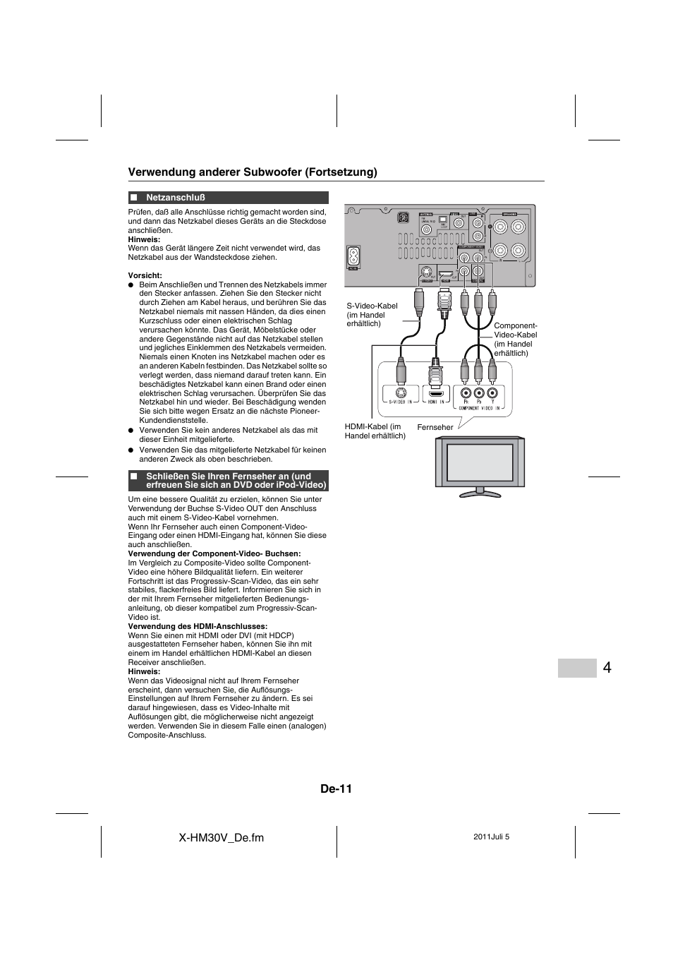 De-11, X-hm30v_de.fm, Verwendung anderer subwoofer (fortsetzung) | Pioneer X-HM30V-S User Manual | Page 143 / 268