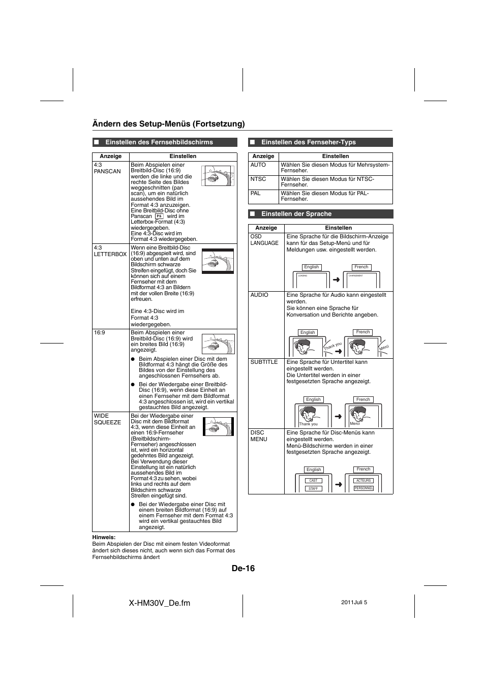 De-16, X-hm30v_de.fm, Ändern des setup-menüs (fortsetzung) | Pioneer X-HM30V-S User Manual | Page 148 / 268