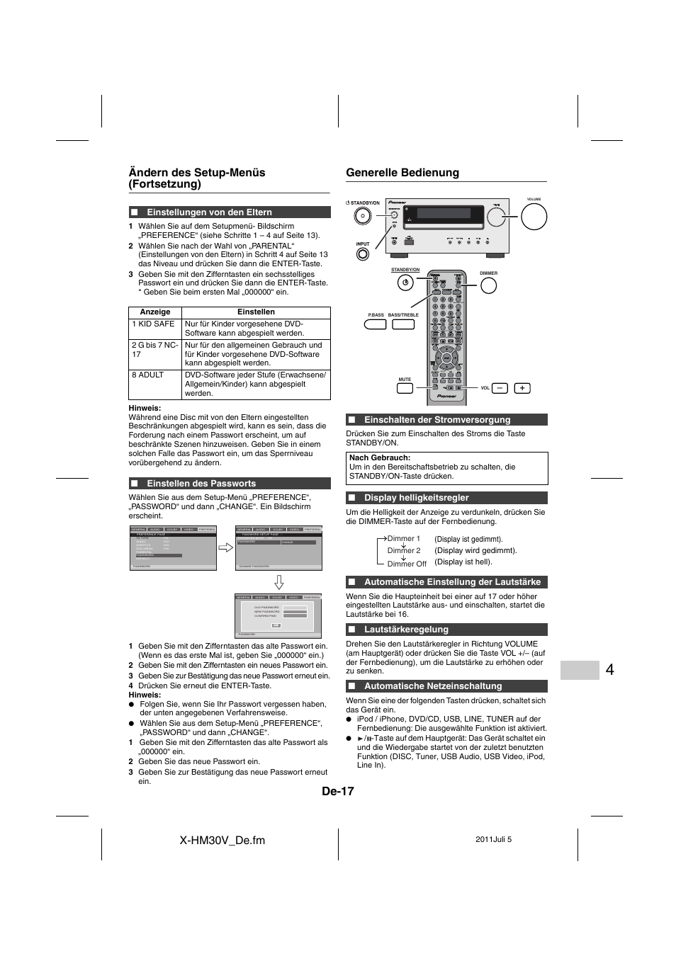 Generelle bedienung - 18, De-17, X-hm30v_de.fm | Ändern des setup-menüs (fortsetzung), Generelle bedienung, Dvd/cd | Pioneer X-HM30V-S User Manual | Page 149 / 268