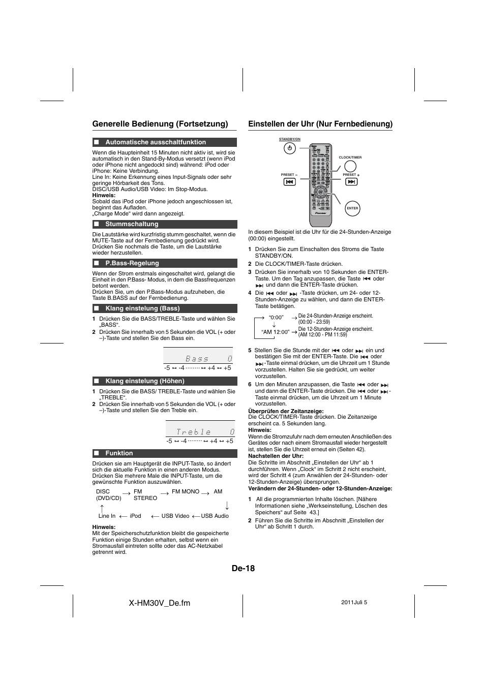 Einstellen der uhr (nur fernbedienung), De-18 | Pioneer X-HM30V-S User Manual | Page 150 / 268