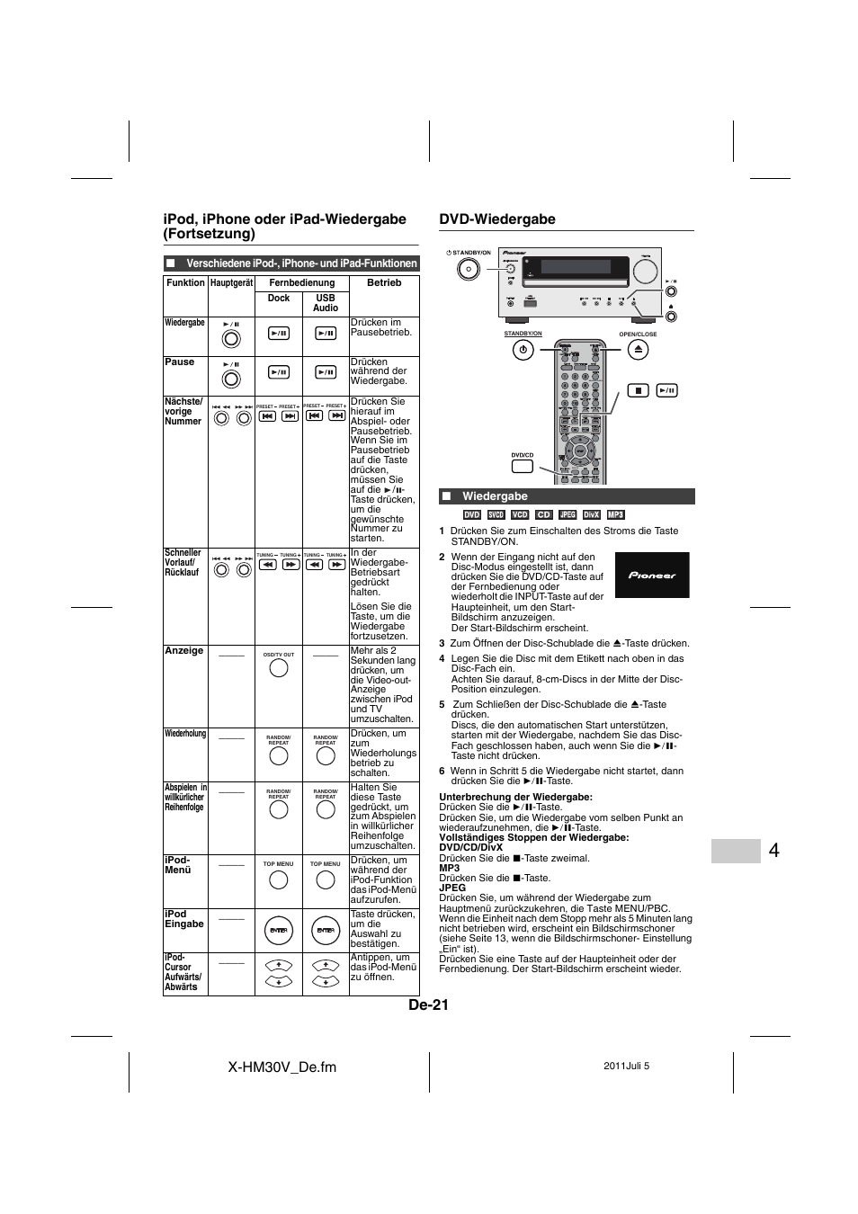 Dvd-wiedergabe - 22, De-21, X-hm30v_de.fm | Pioneer X-HM30V-S User Manual | Page 153 / 268