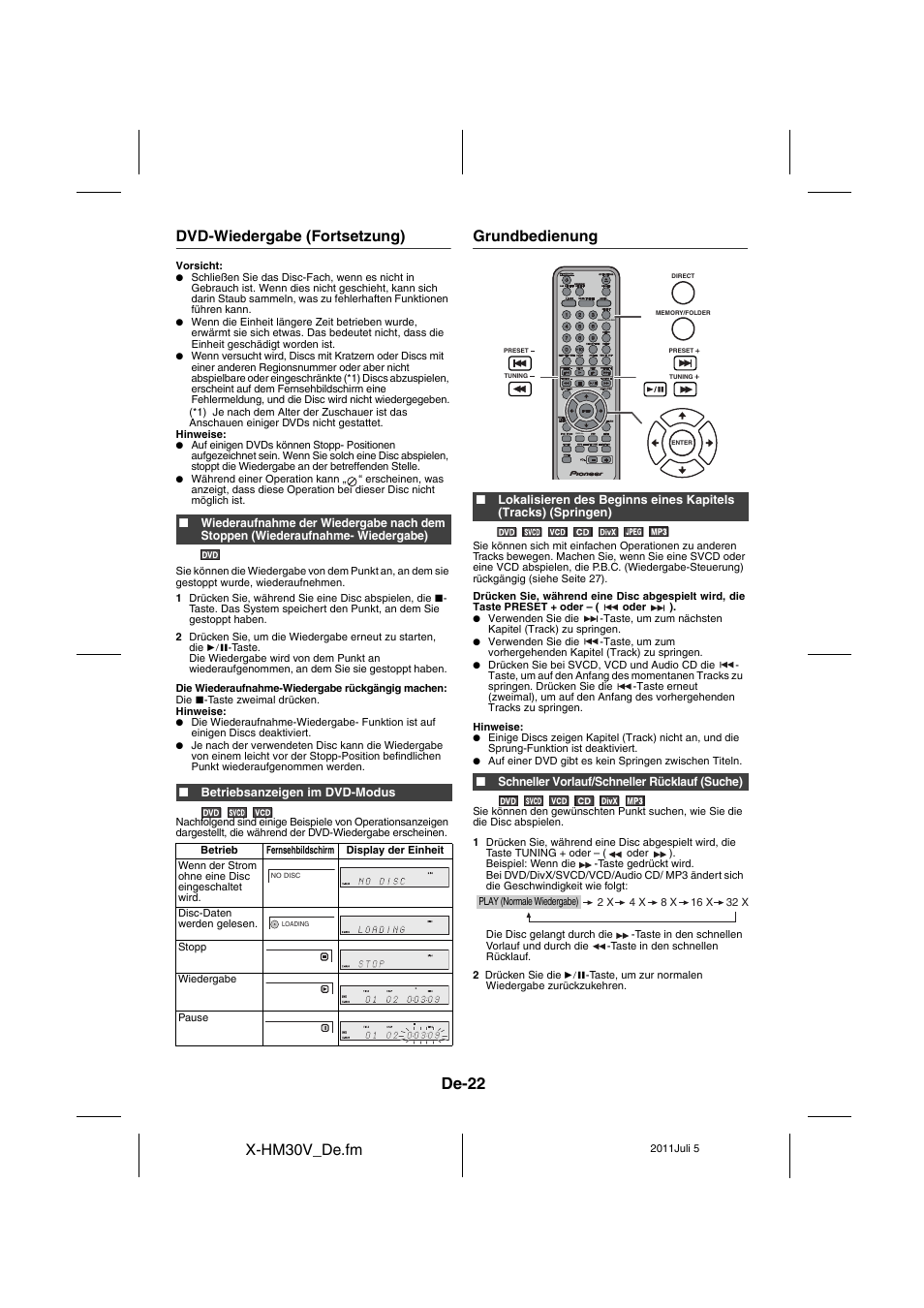Grundbedienung - 23, De-22, X-hm30v_de.fm | Dvd-wiedergabe (fortsetzung), Grundbedienung | Pioneer X-HM30V-S User Manual | Page 154 / 268