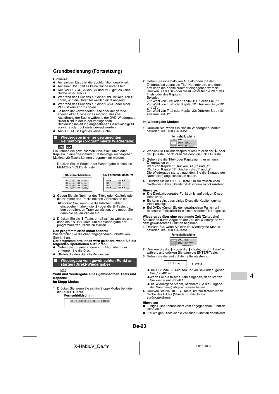 De-23, X-hm30v_de.fm, Grundbedienung (fortsetzung) | Pioneer X-HM30V-S User Manual | Page 155 / 268