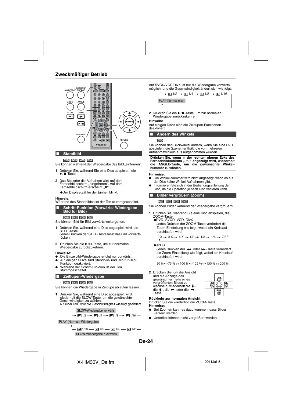 Zweckmäßiger betrieb - 26, De-24, X-hm30v_de.fm | Zweckmäßiger betrieb | Pioneer X-HM30V-S User Manual | Page 156 / 268