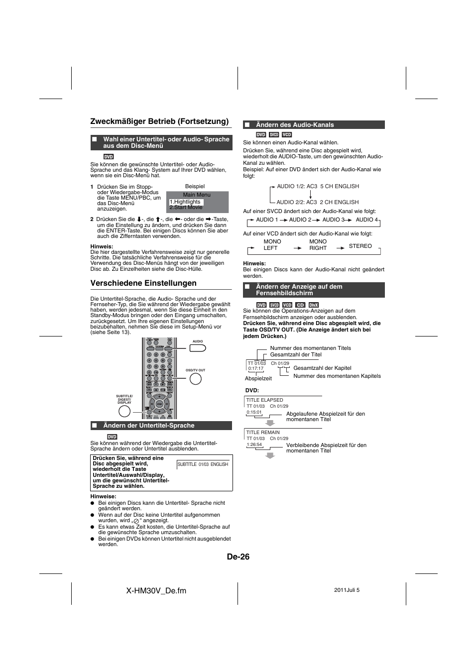Verschiedene einstellungen - 27, De-26, X-hm30v_de.fm | Zweckmäßiger betrieb (fortsetzung), Verschiedene einstellungen | Pioneer X-HM30V-S User Manual | Page 158 / 268