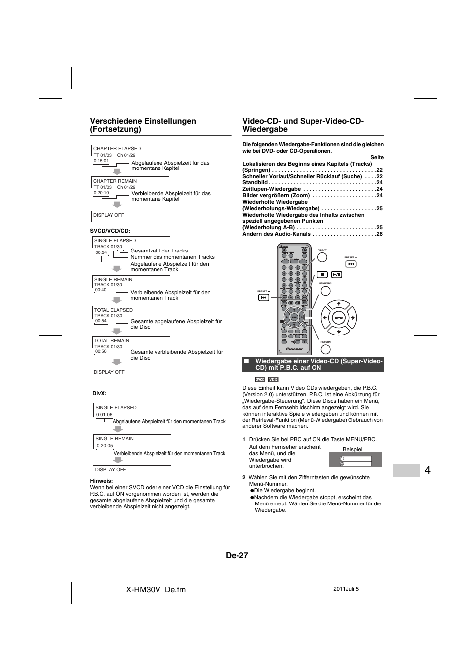 Video-cd- und super-video-cd- wiedergabe - 29, De-27, X-hm30v_de.fm | Verschiedene einstellungen (fortsetzung), Video-cd- und super-video-cd- wiedergabe | Pioneer X-HM30V-S User Manual | Page 159 / 268