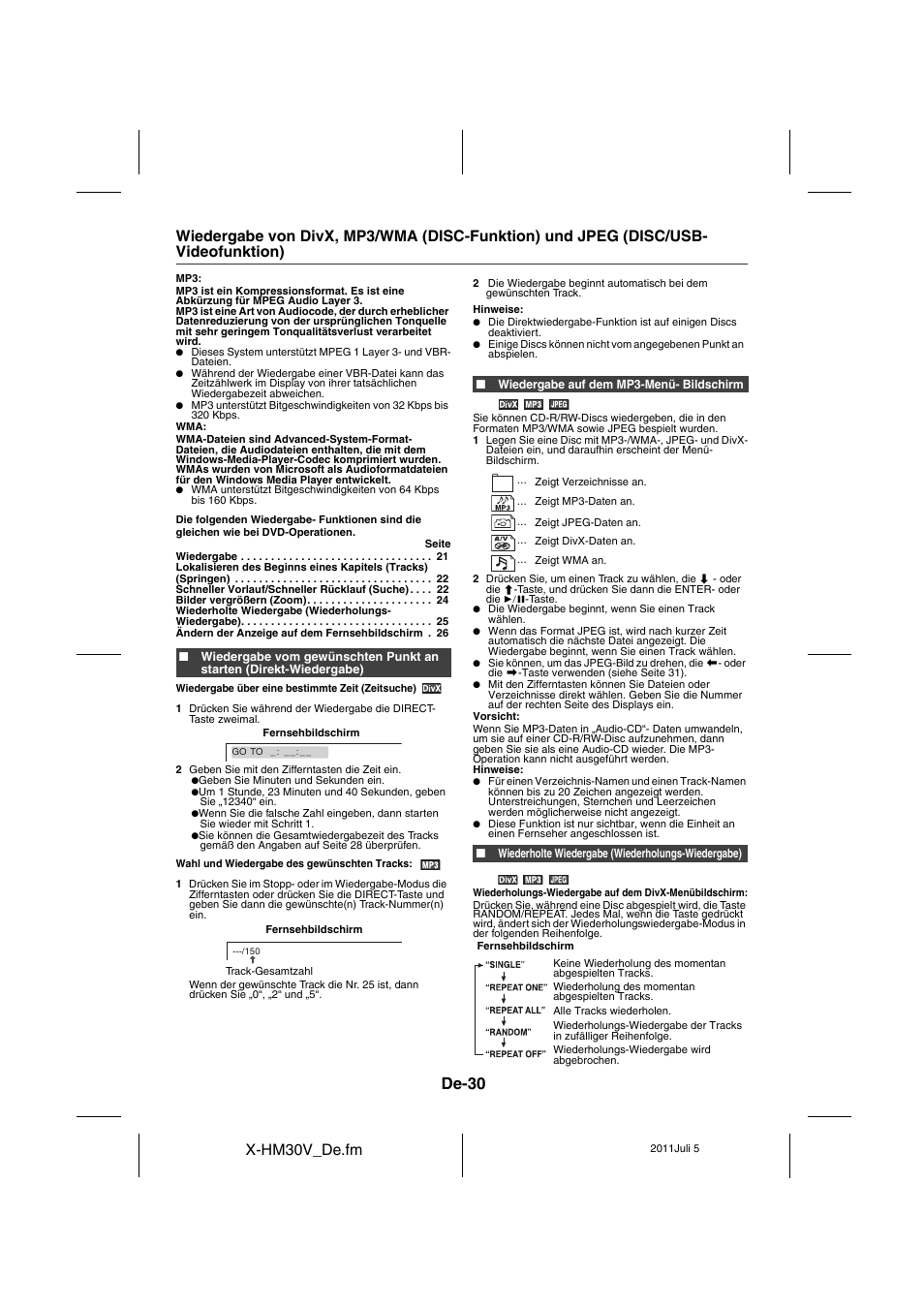Disc/usb-videofunktion) - 32, De-30, X-hm30v_de.fm | Pioneer X-HM30V-S User Manual | Page 162 / 268