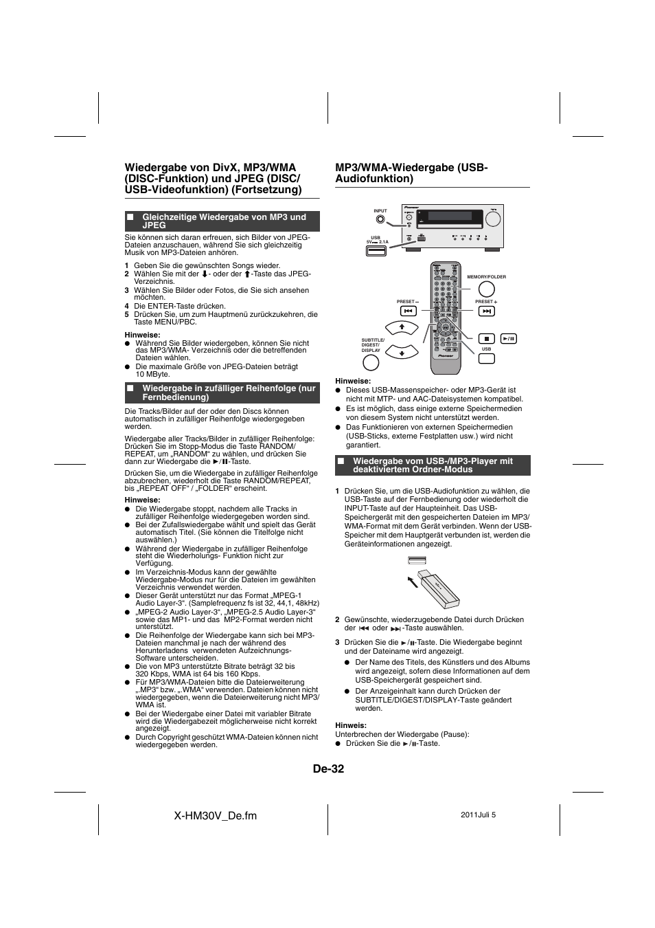 Mp3/wma-wiedergabe (usb-audiofunktion) - 35, De-32, X-hm30v_de.fm | Mp3/wma-wiedergabe (usb- audiofunktion) | Pioneer X-HM30V-S User Manual | Page 164 / 268