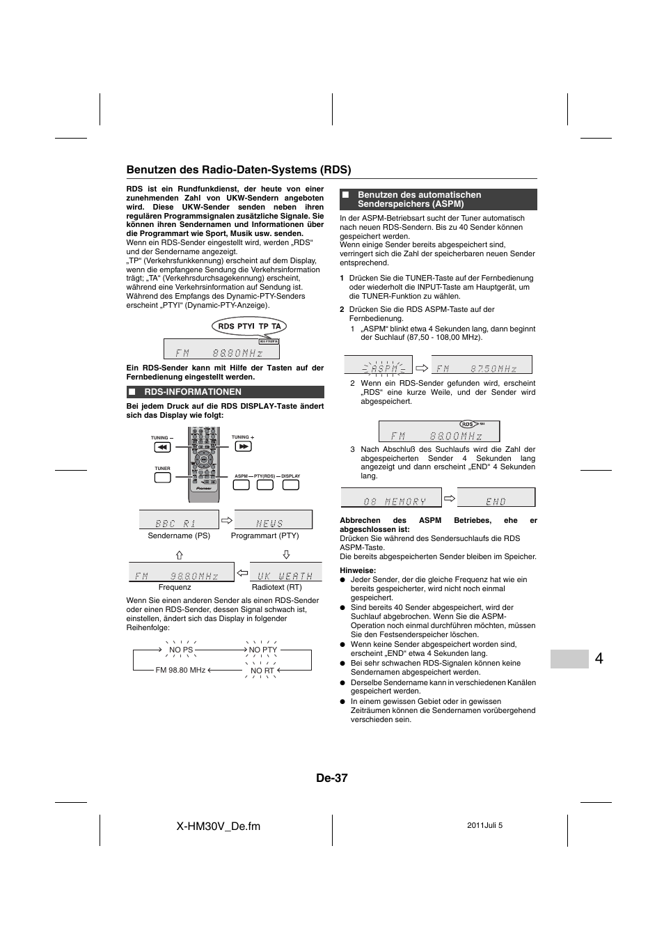 Benutzen des radio-daten-systems (rds) - 39, De-37, X-hm30v_de.fm | Benutzen des radio-daten-systems (rds) | Pioneer X-HM30V-S User Manual | Page 169 / 268