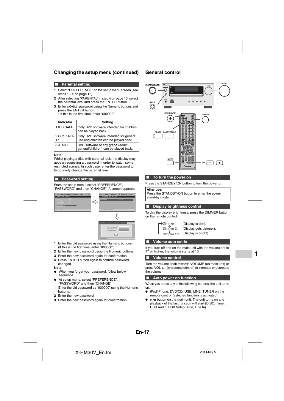 General control - 18, En-17, X-hm30v_en.fm | Changing the setup menu (continued), General control, Dvd/cd | Pioneer X-HM30V-S User Manual | Page 17 / 268