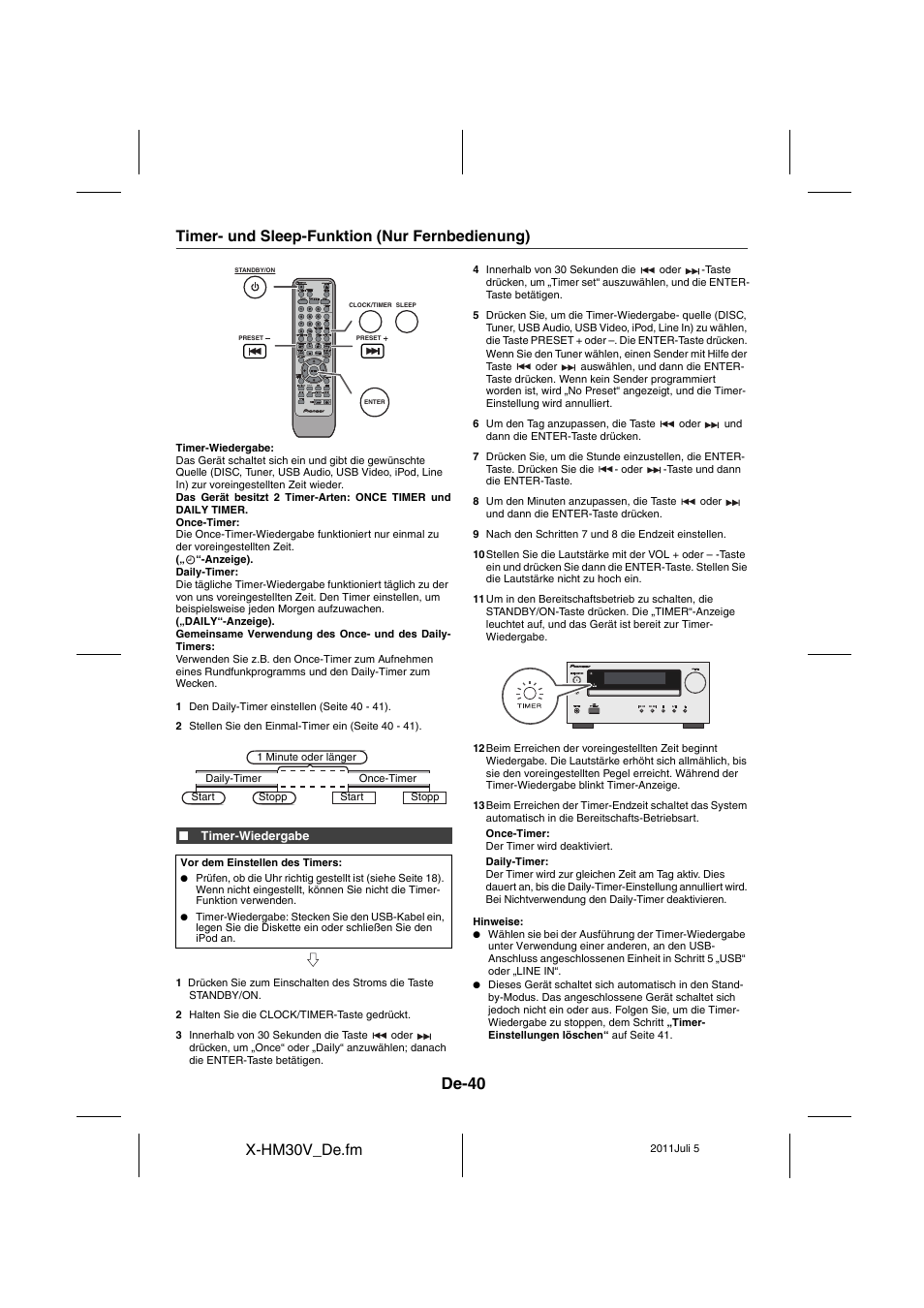 Timer- und sleep-funktion (nur fernbedienung) - 41, De-40, X-hm30v_de.fm | Timer- und sleep-funktion (nur fernbedienung) | Pioneer X-HM30V-S User Manual | Page 172 / 268